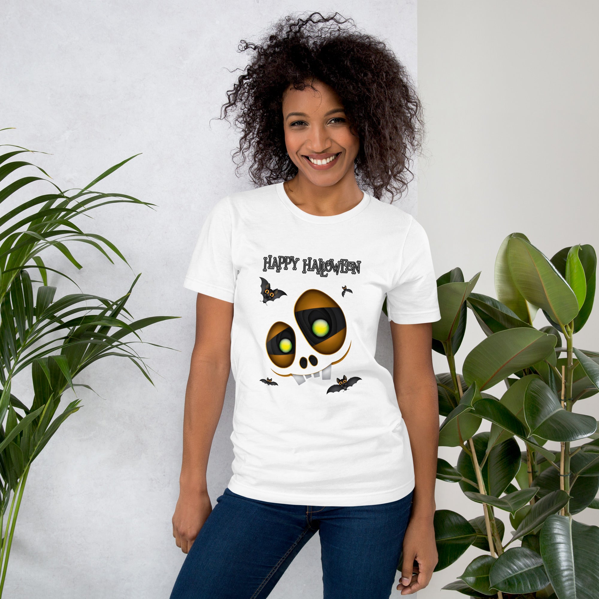 Unisex model wearing Jack o Lantern Smile T-Shirt outdoors





