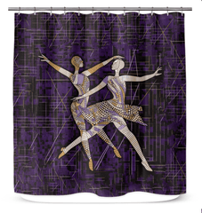 Colorful shower curtain with abstract feminine movement design, brightening up the bathroom.