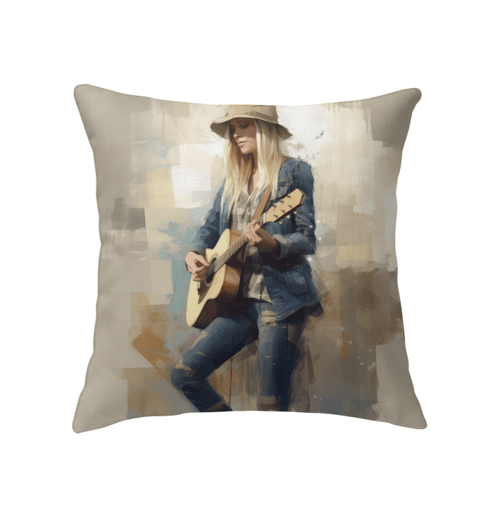 Vibrant Soundscapes pillow in a cozy living room setting.