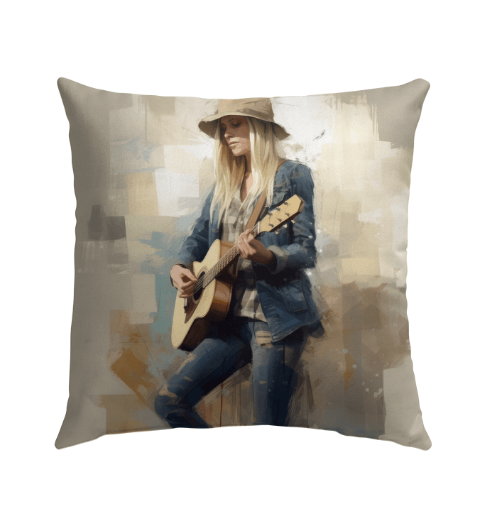 Durable outdoor pillow with vibrant soundscapes pattern, ideal for garden seating.