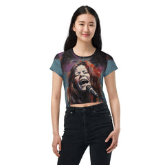Vibrant Visions crop tee with colorful all-over print design on model.