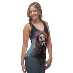 Model wearing Melodic Mirage Sublimation Tank Top, lifestyle shot.