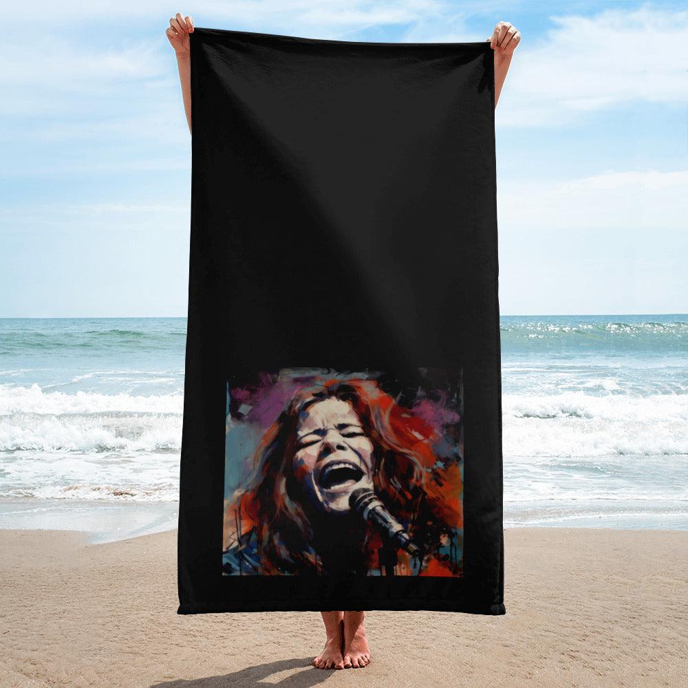 Vibrant Visions Towel hanging against a sunny backdrop, highlighting its vivid colors and design.