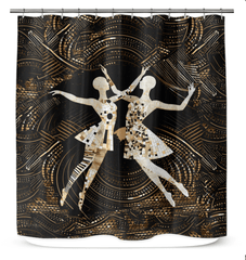 Vibrant women's dance-themed shower curtain showcasing elegant moves in colorful design.