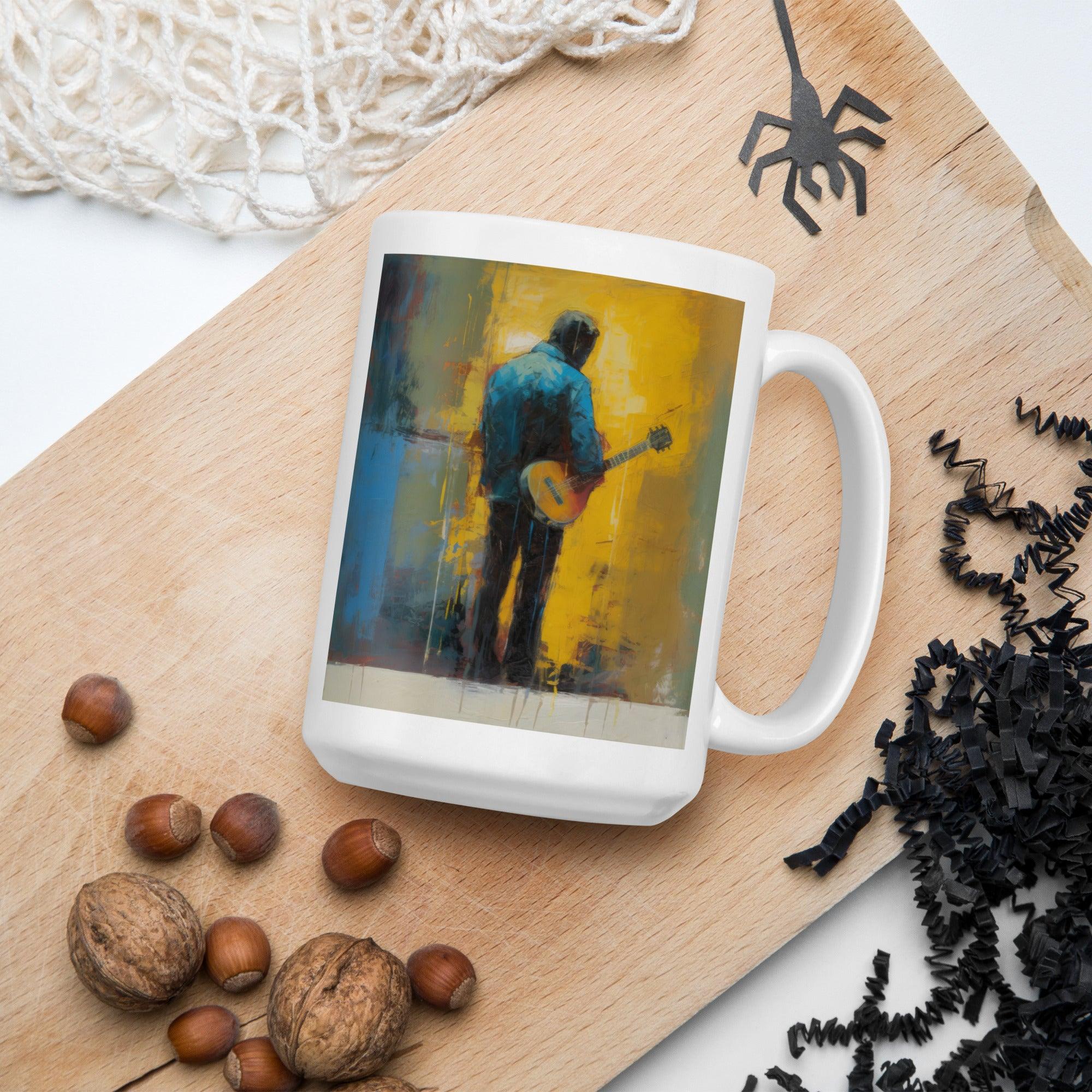 Elegant white glossy Virtuoso Vibe mug on a serene background.