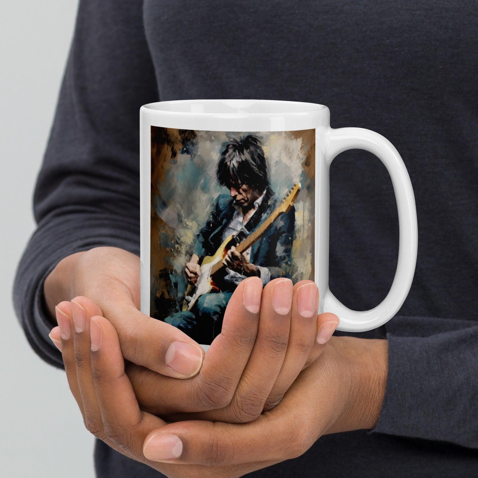 Elegant white glossy mug from Virtuoso Voyage collection on a marble table.