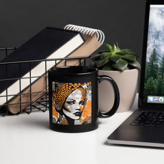 Close-up of Visual Velocity glossy black coffee mug.