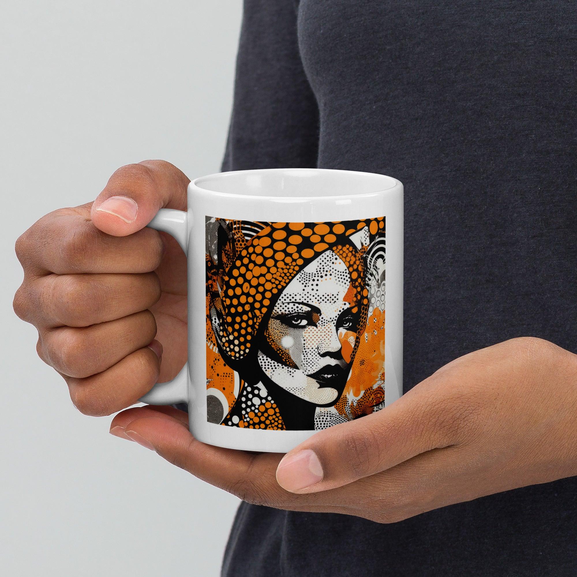 Visual Velocity white glossy mug on kitchen counter.