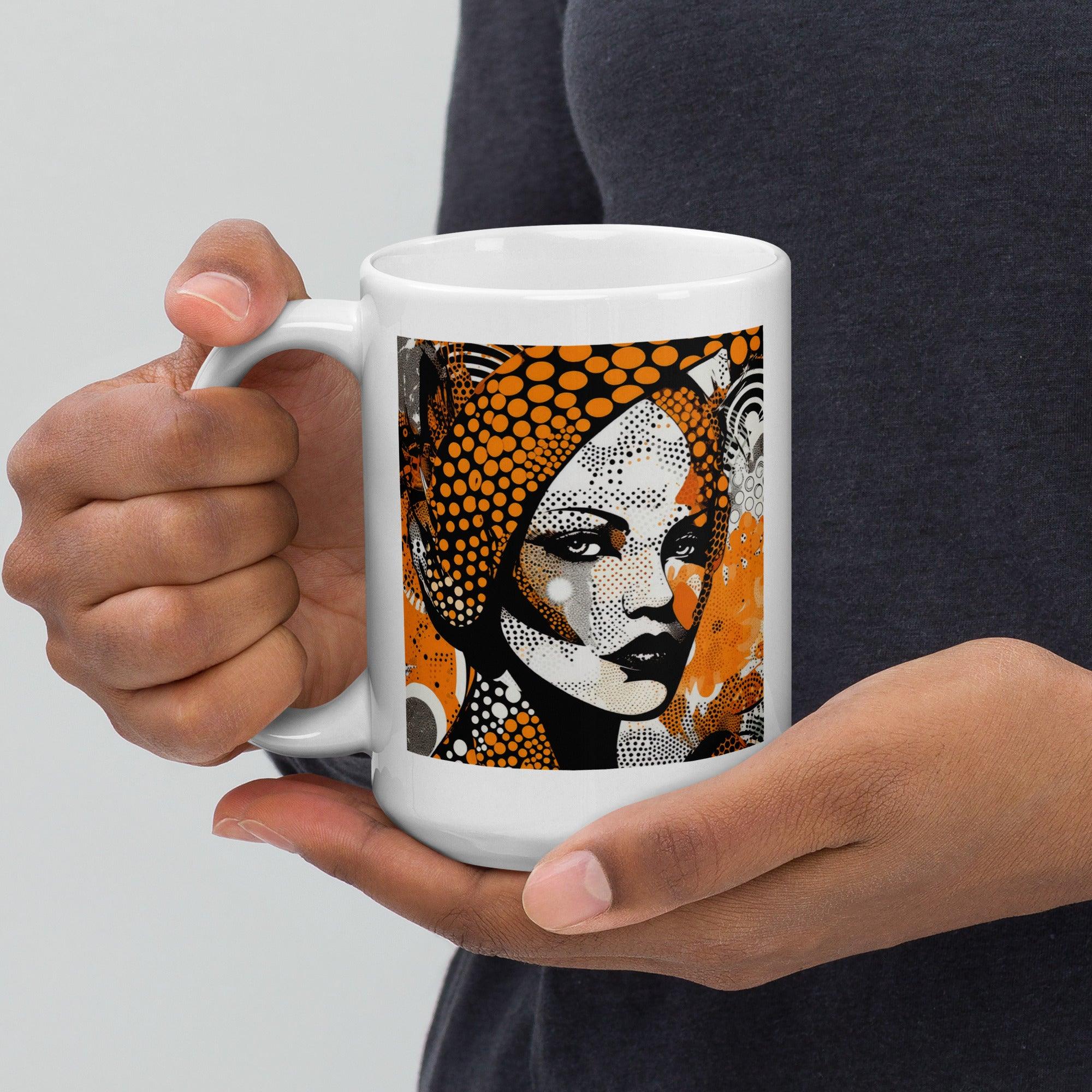 White glossy Visual Velocity mug filled with coffee.