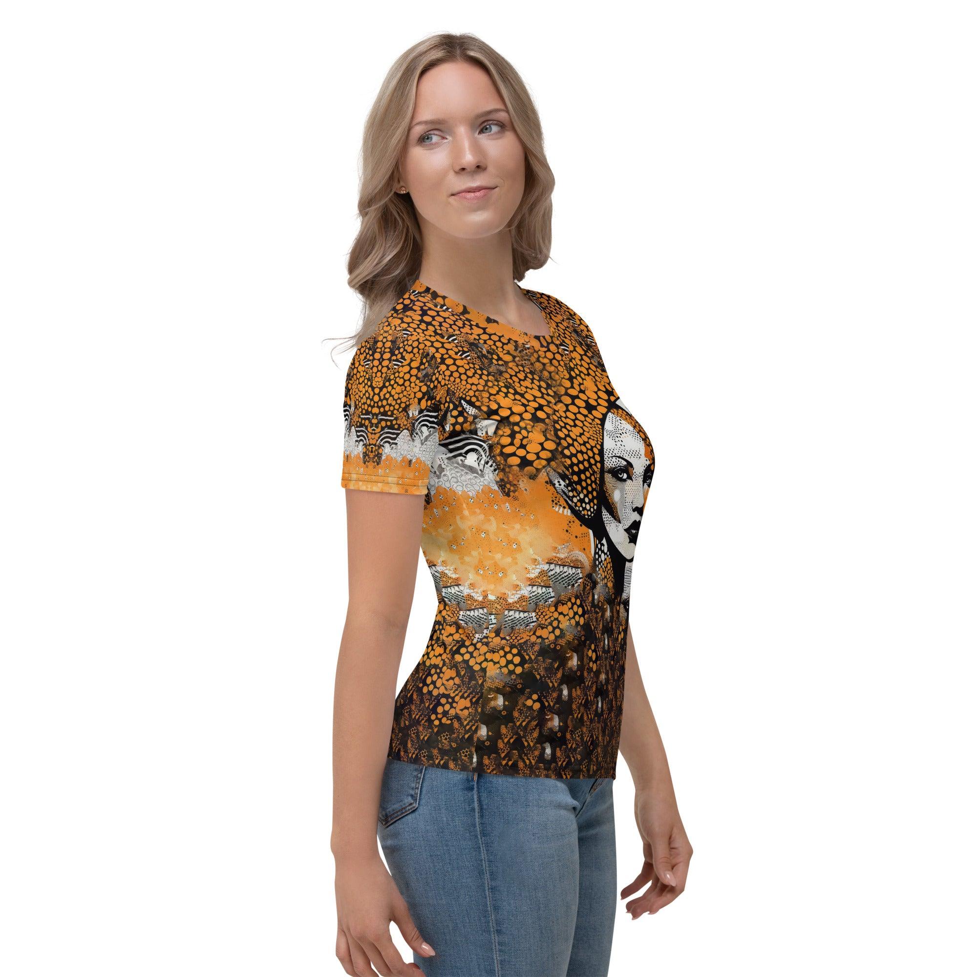 Side view of woman modeling Visual Velocity t-shirt