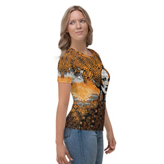 Side view of woman modeling Visual Velocity t-shirt