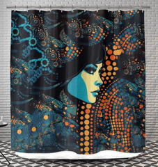 Visual vibrancy shower curtain with bold, artistic design displayed.