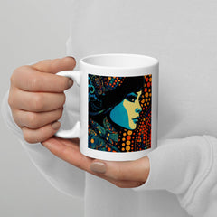 Close-up of a white glossy mug with vibrant design.