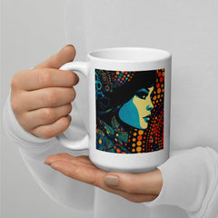 Elegant white coffee mug with colorful patterns for home.