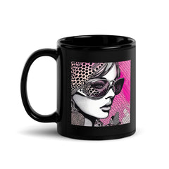 Visual Visions II black glossy mug on a wooden table.