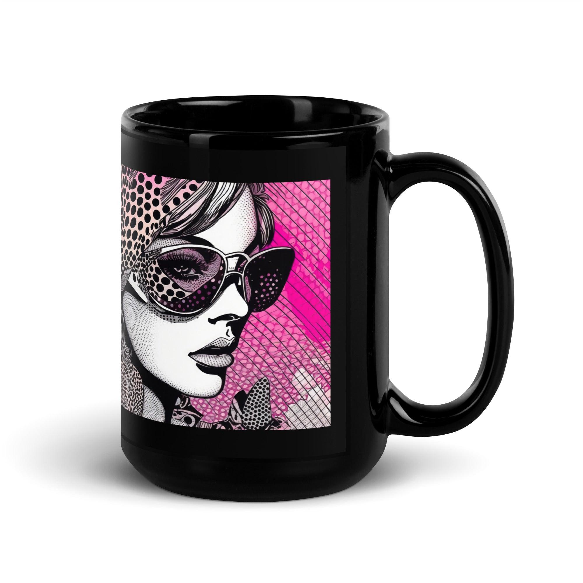 Hand holding Visual Visions II glossy black mug filled with coffee.