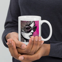 Close-up of Visual Visions II white glossy ceramic coffee mug.