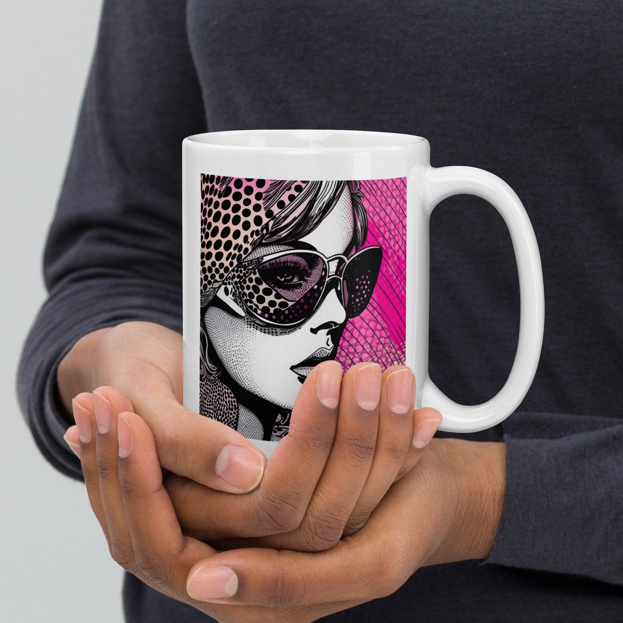 Hand holding Visual Visions II white ceramic glossy mug.