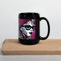 Stylish black coffee mug with unique visual art pattern.