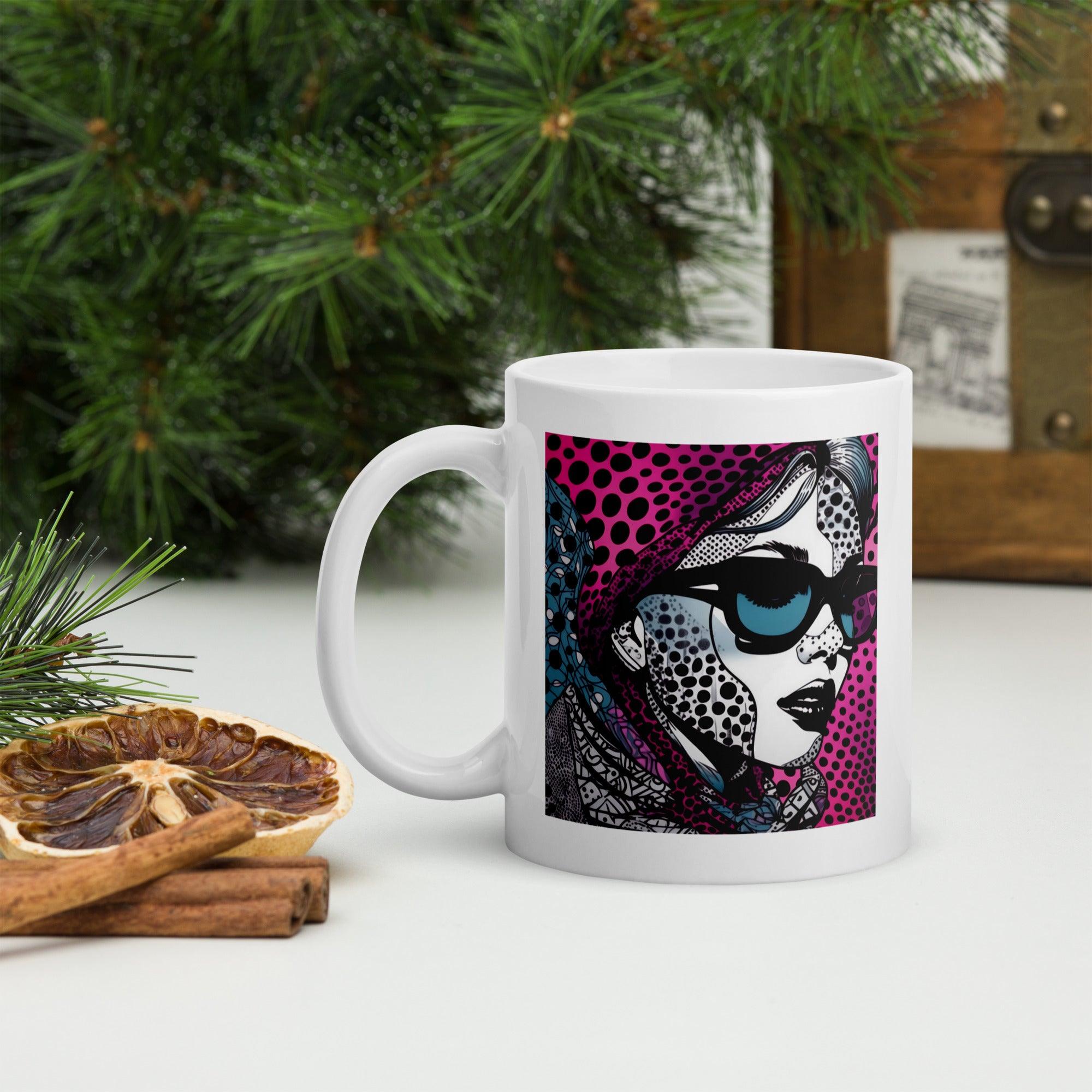 Elegant white glossy mug for tea, featuring Visual Visions III design.