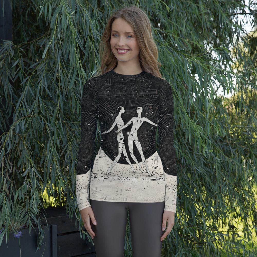 Elegant women's rash guard with whimsical balletic design for fashion-forward water activities.