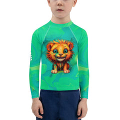 Child wearing Whimsical Mane Stares Rash Guard for UV protection.