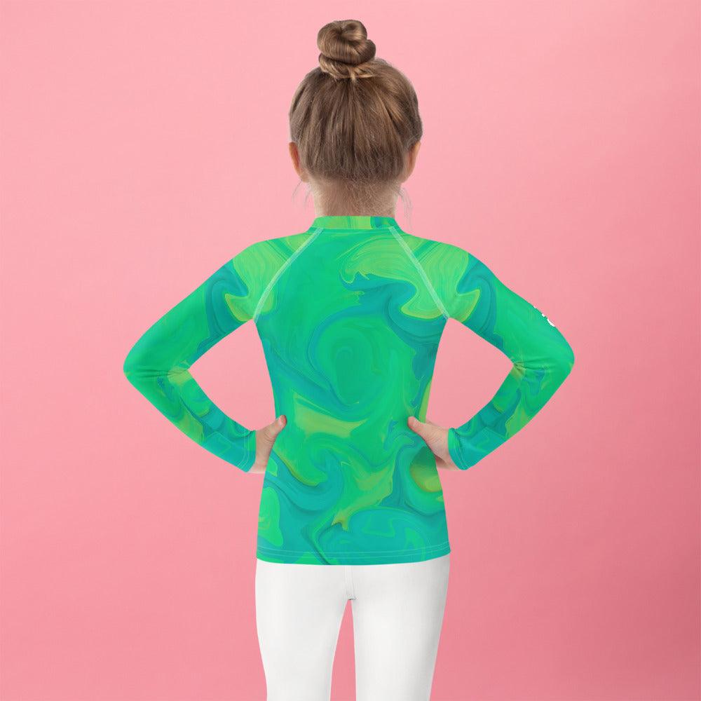 Colorful Whimsical Mane Stares design on kids' rash guard.