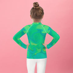 Colorful Whimsical Mane Stares design on kids' rash guard.