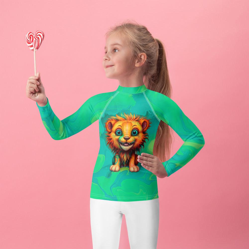 Kid's rash guard with Whimsical Mane Stares pattern for swimming.