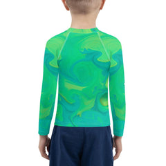 Durable and comfortable kids' Whimsical Mane Stares rash guard.