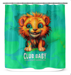 Unique bathroom decor featuring a shower curtain with enchanting mane stares.