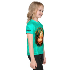 Whimsical Pupils Delight children's t-shirt with crew neck, displayed on hanger.