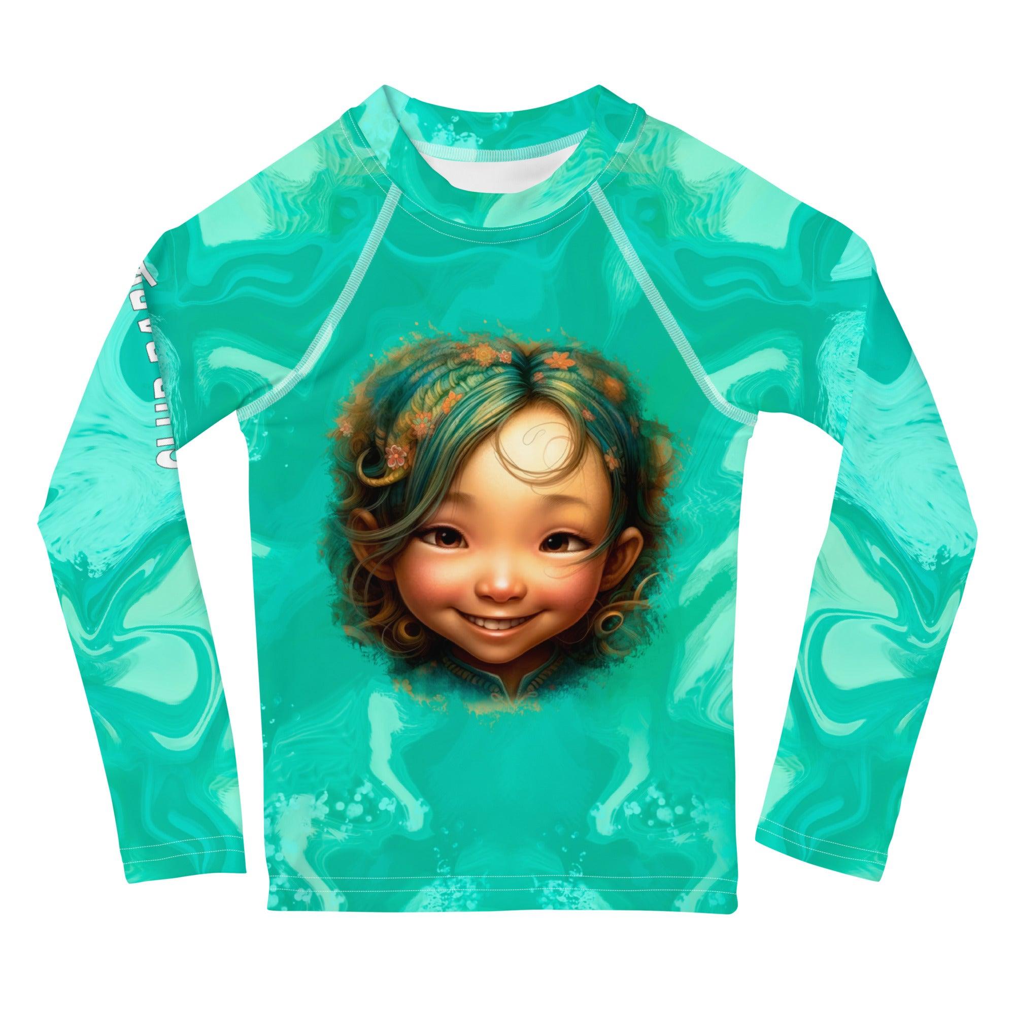 Colorful kids rash guard with whimsical pattern.