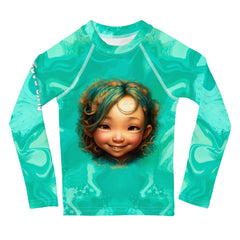 Colorful kids rash guard with whimsical pattern.