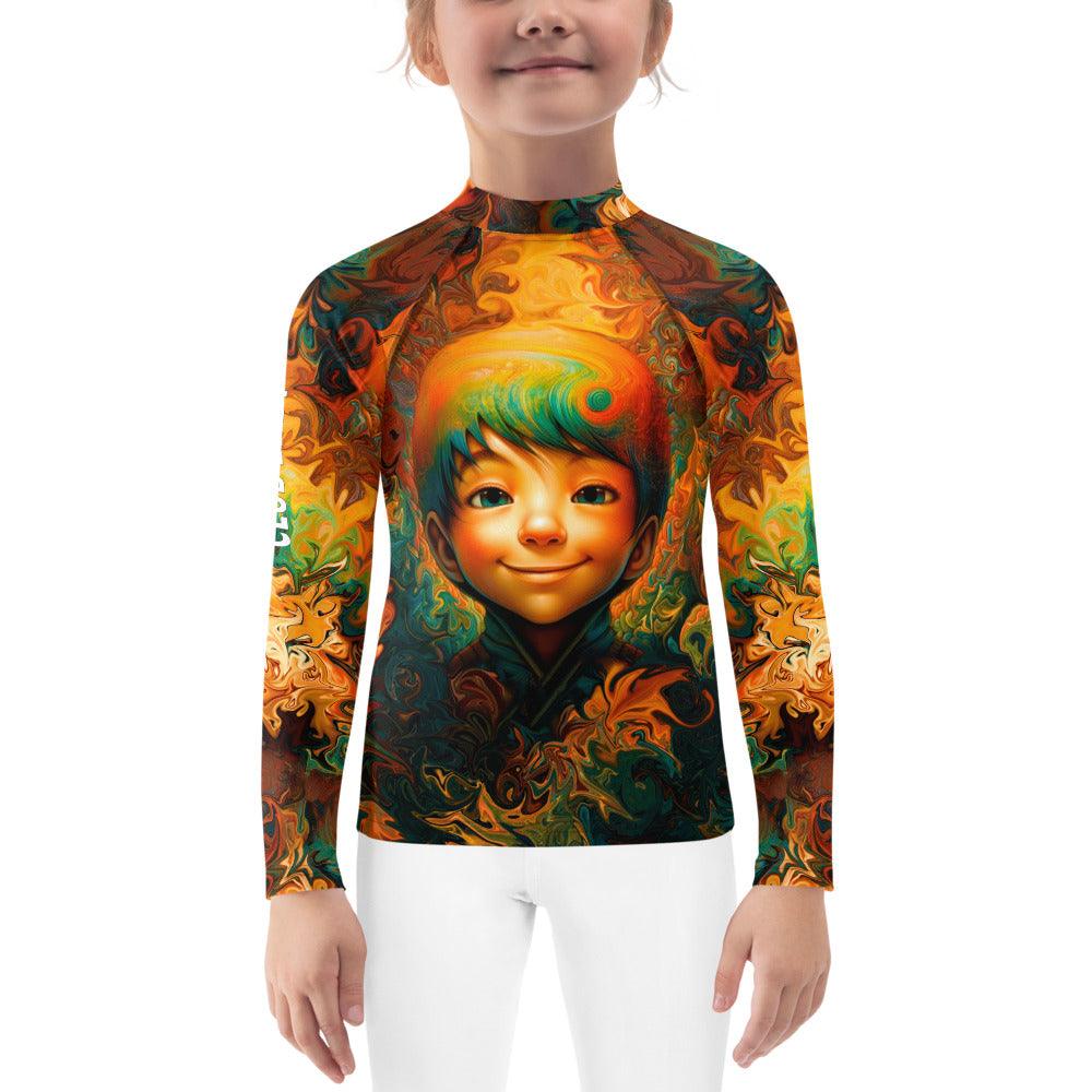 Kids playing in colorful Whimsical Sparkling Glances Rash Guard.