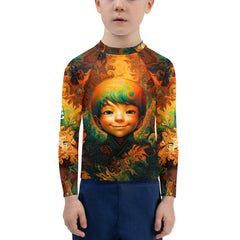 Child swimming in pool wearing Whimsical Sparkling Glances Rash Guard.