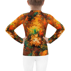 Whimsical Sparkling Glances Rash Guard on beach backdrop.