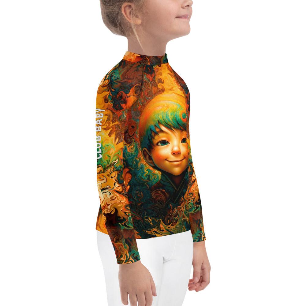 Whimsical Sparkling Glances Rash Guard detail with sparkling design elements.