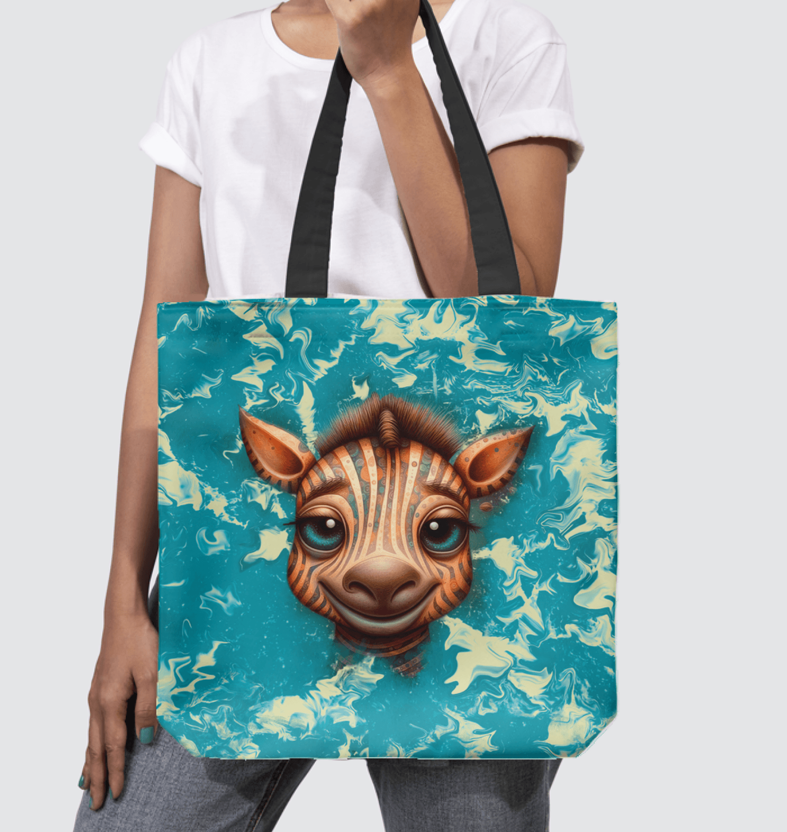 Unique basketweave tote bag featuring whimsical spotted stares, perfect for fashion-forward individuals.