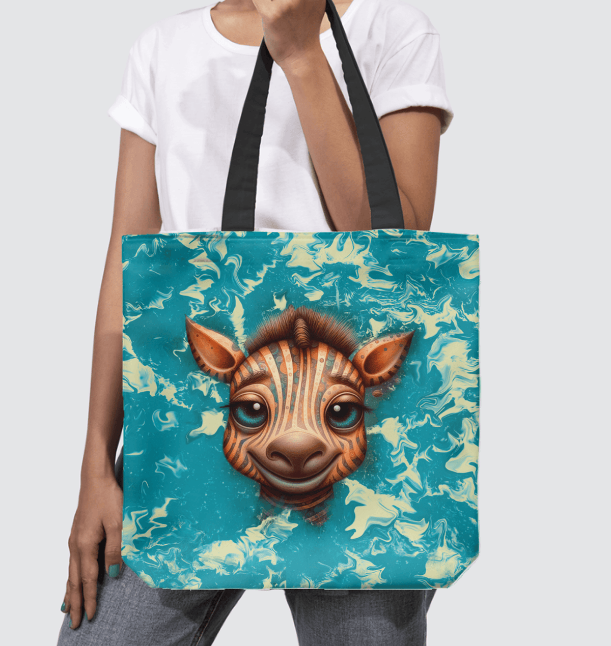 Unique basketweave tote bag featuring whimsical spotted stares, perfect for fashion-forward individuals.