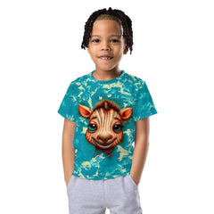 Child wearing Whimsical Spotted Stares crew neck T-shirt in vibrant colors.