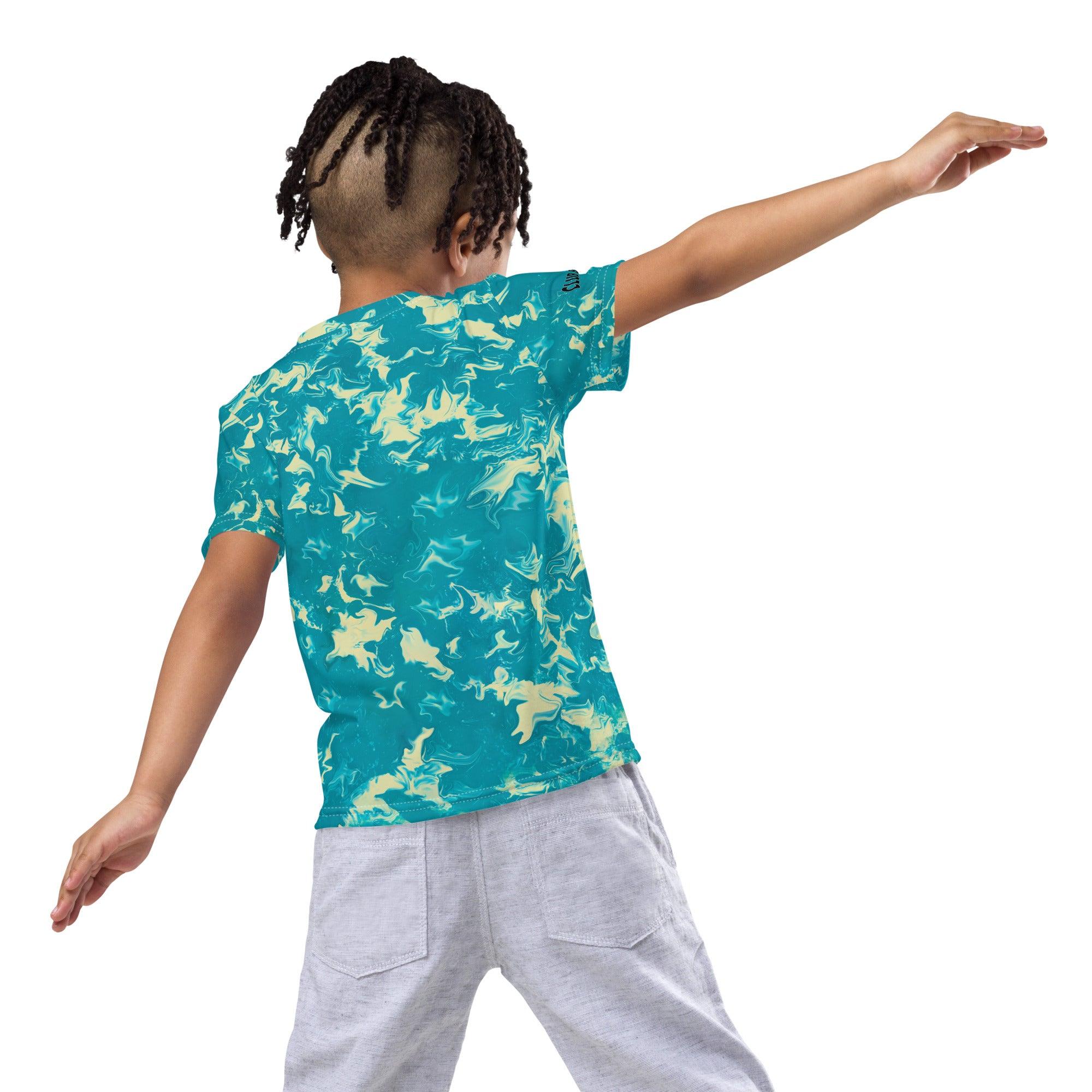 Whimsical Spotted Stares T-shirt in kids' size, front view on white background.