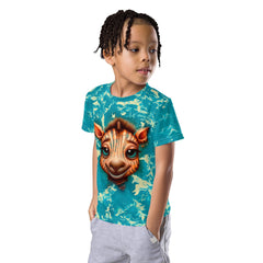 Back view of child's Whimsical Spotted Stares crew neck T-shirt showcasing design.