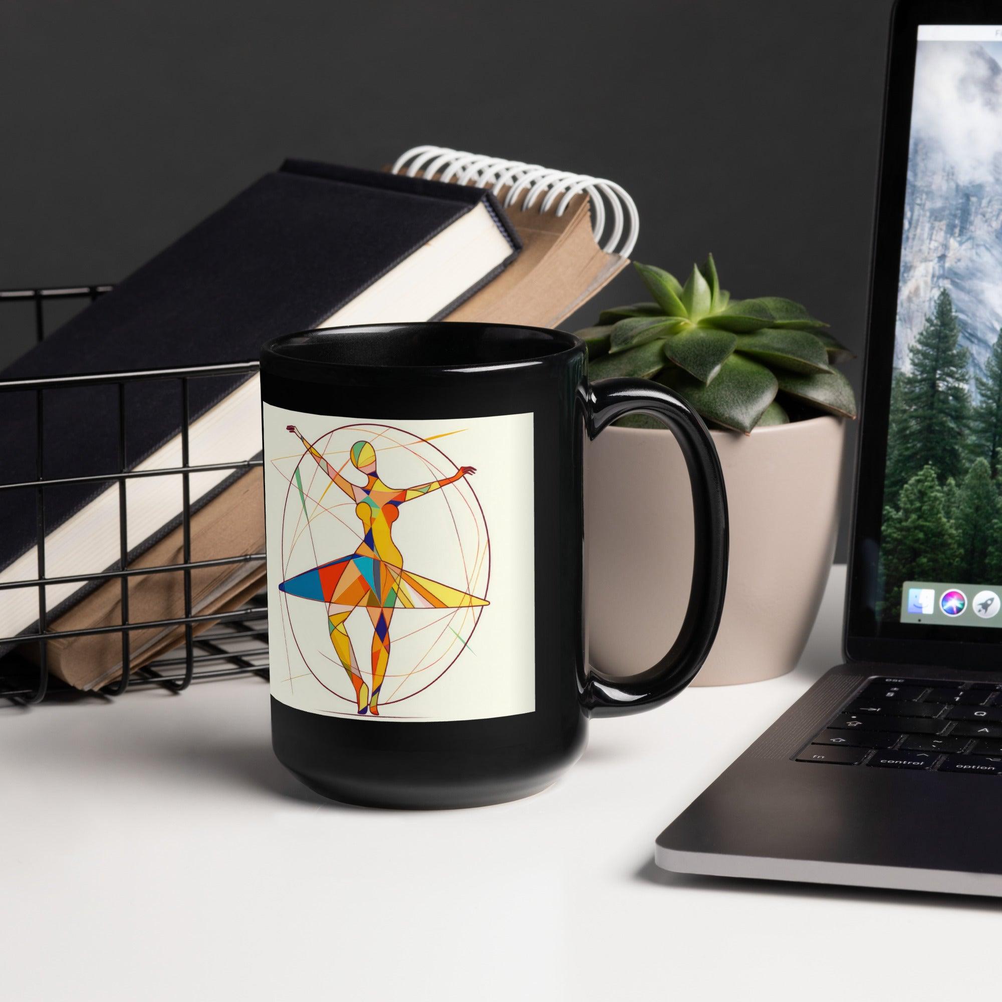 Elegant black glossy mug with whirlwind balletic style design on a white background.