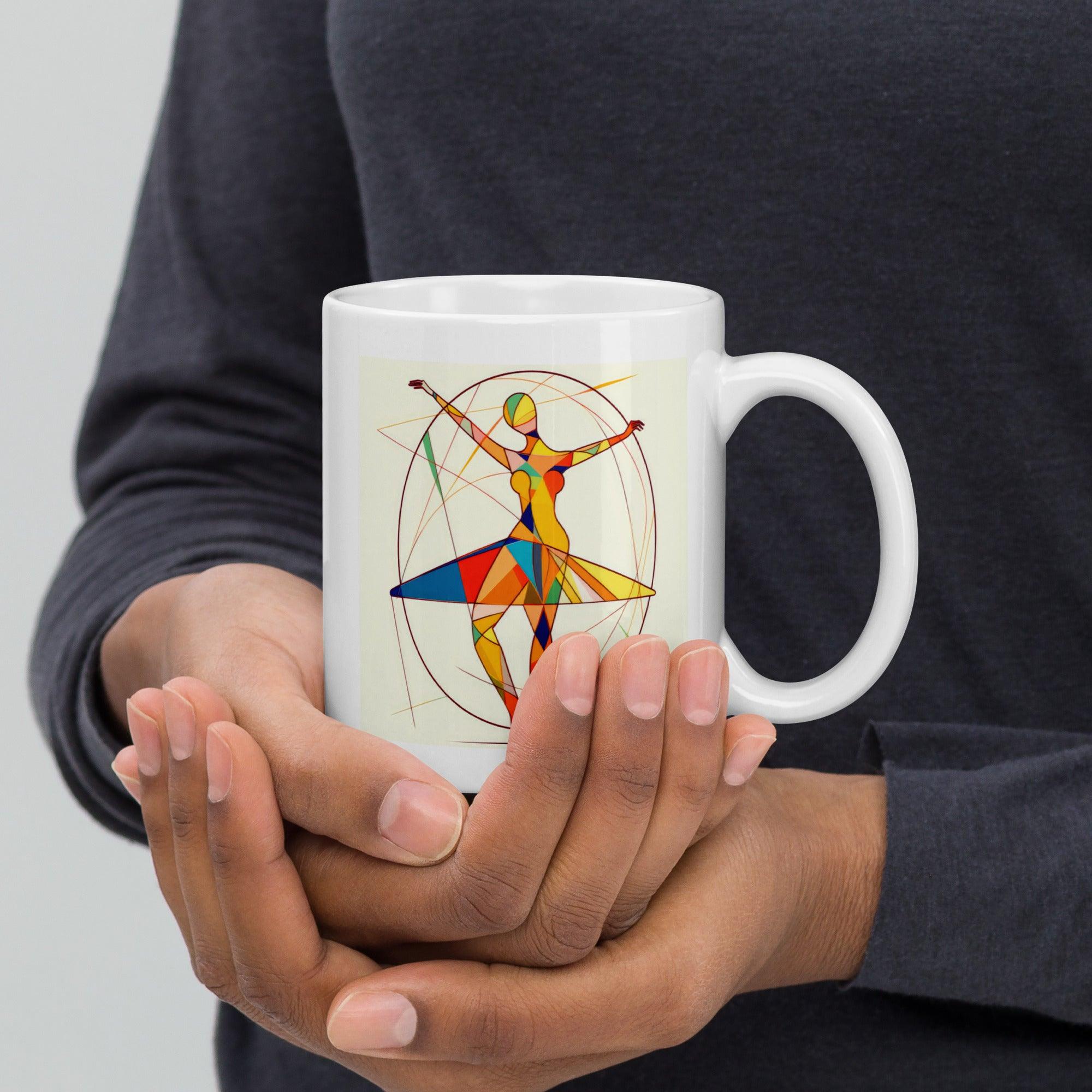 Elegant white glossy mug with whirlwind balletic design for a stylish morning.