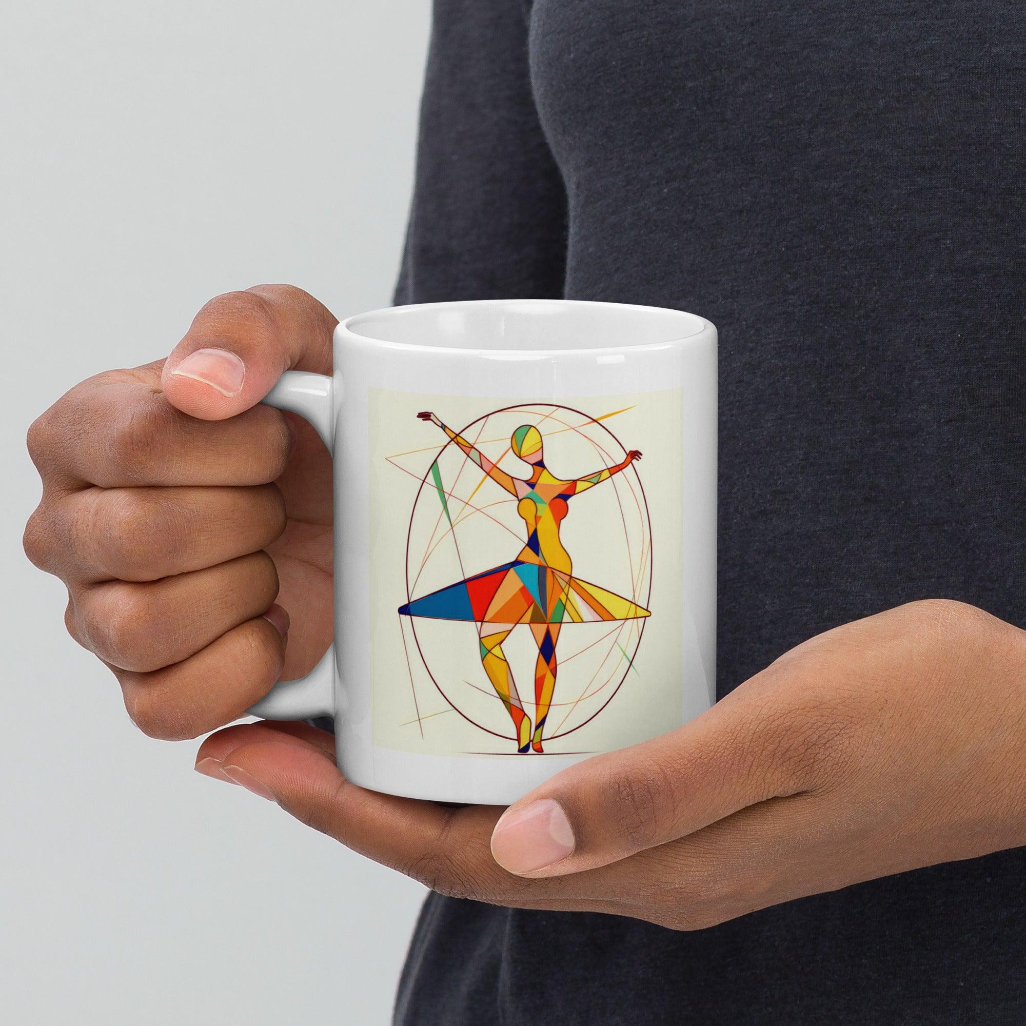 Sophisticated white mug featuring a unique whirlwind balletic style, ideal for coffee or tea.