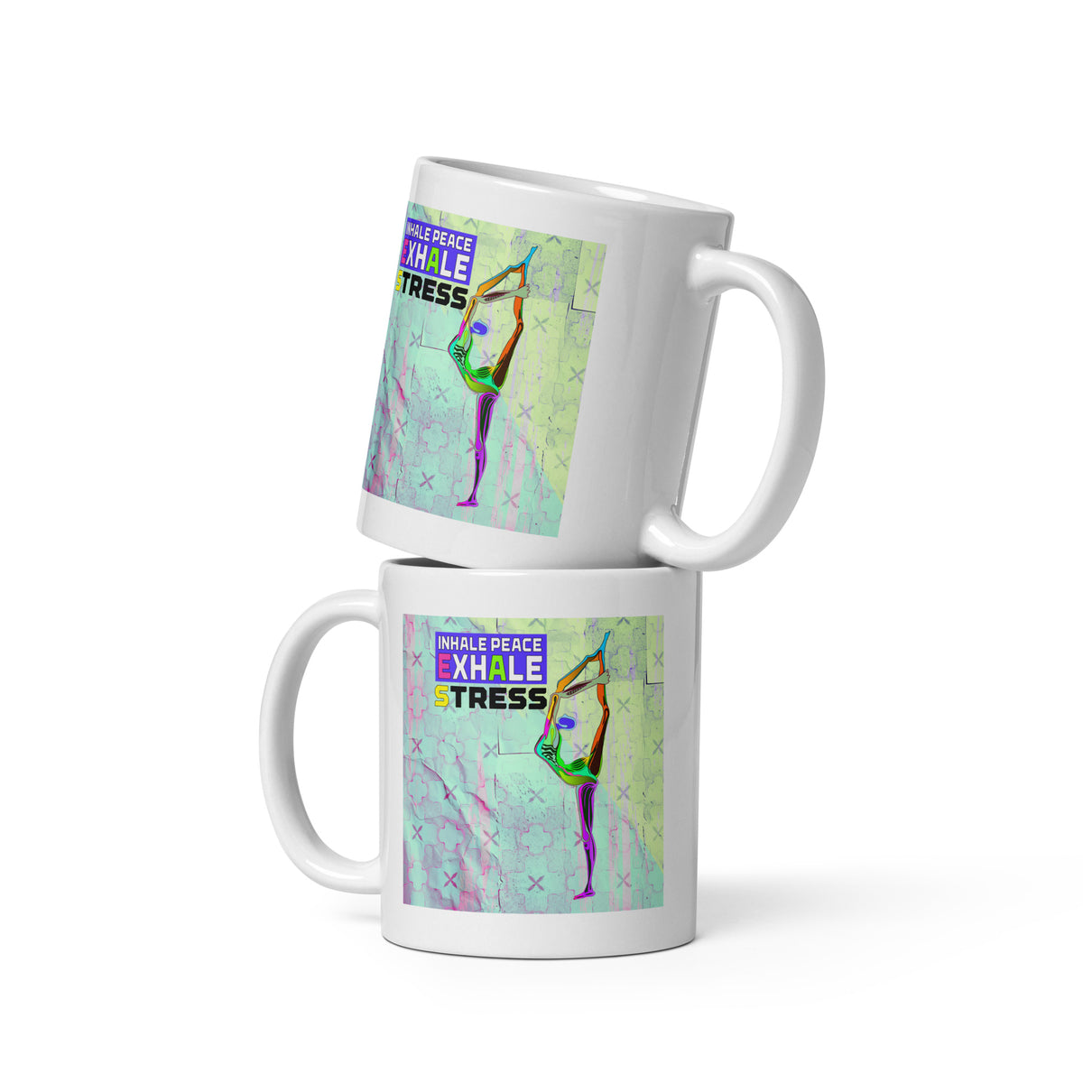 White glossy mug with Downward Dog yoga pose design.