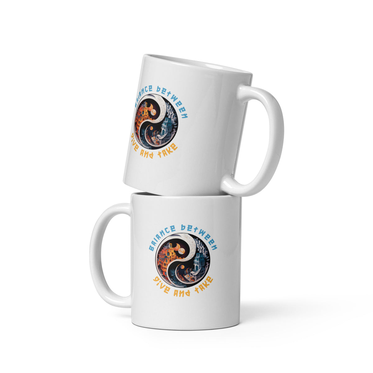 White glossy mug with Frost and Flame design.