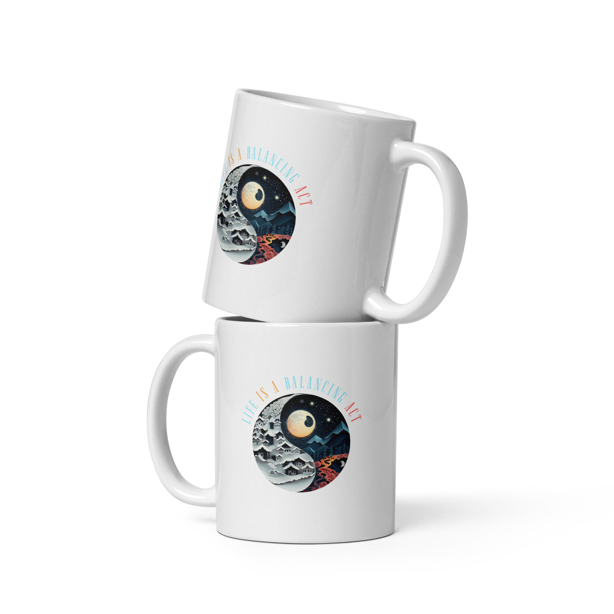 Cosmic Dance Yin Yang White Glossy Mug on a wooden table.