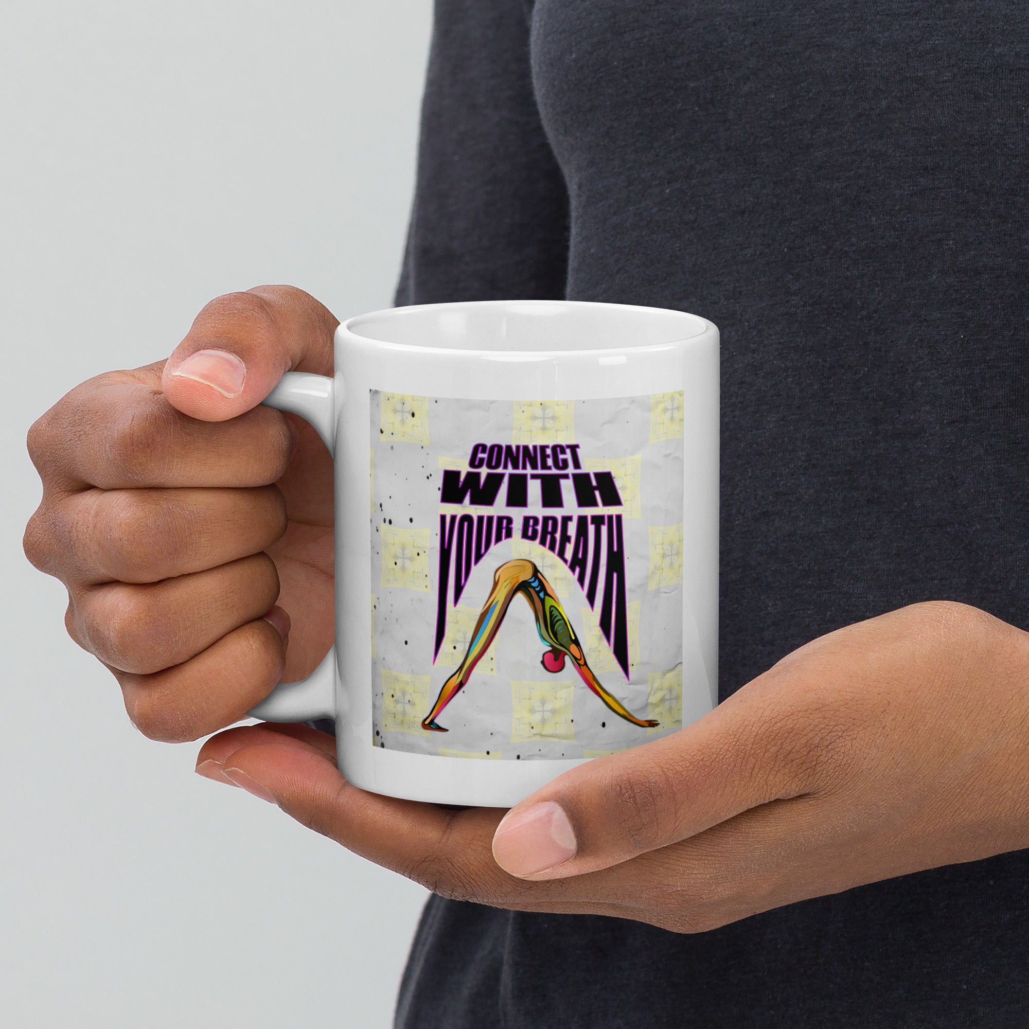 Focused Triangle Pose artwork on white coffee mug.